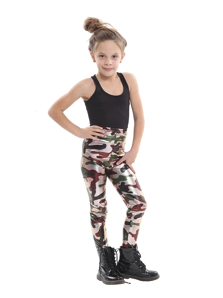 Girls Shiny Metallic Printed Leggings camouflage