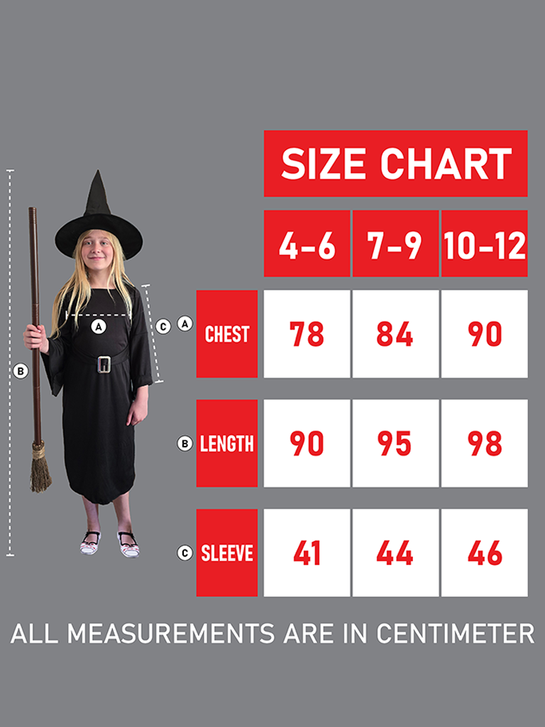Girls Black Witch Costume Size Chart