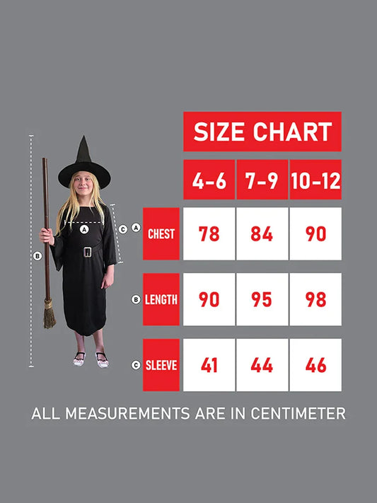 Girls Black Witch Costume With Hat size chart