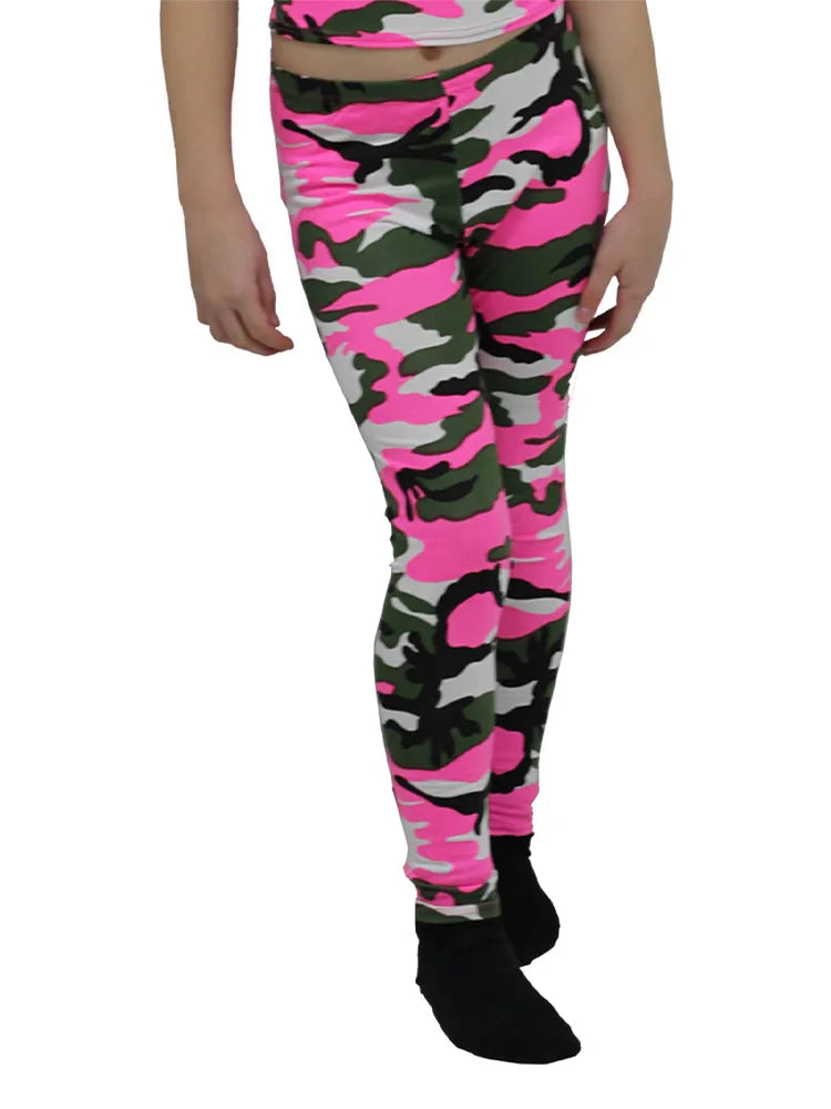 Girls' Microfibre Leggings – Full-Length, Soft & Stretchy pink and green camouflage
