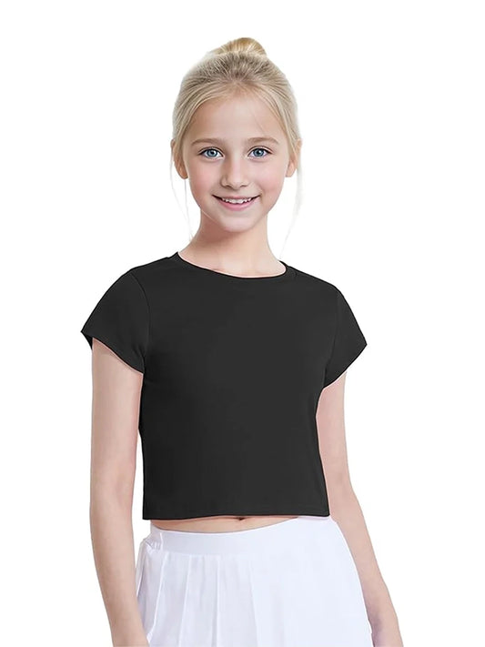 Girls Plain Short Sleeve Crop Tops black