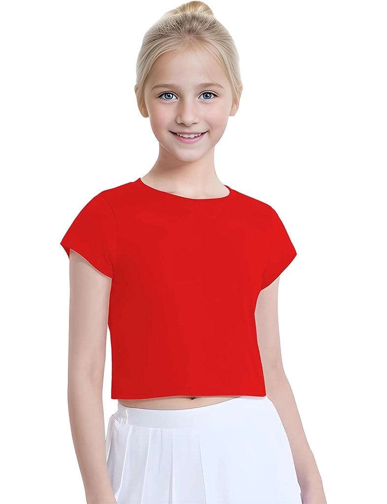 Girls Plain Short Sleeve Crop Tops red