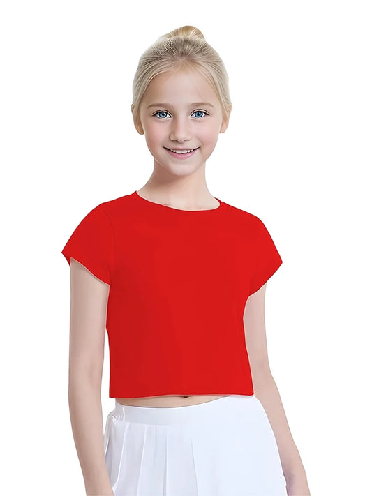 Girls Plain Short Sleeve Crop Tops red