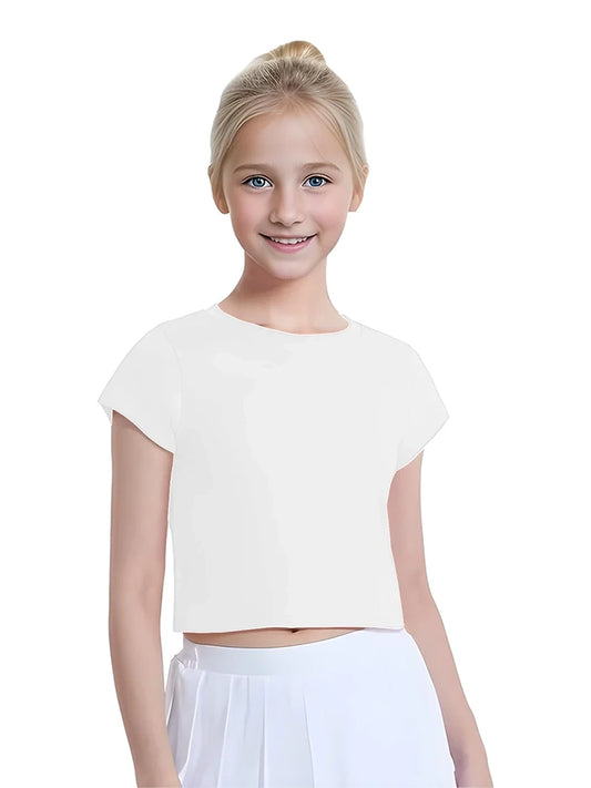 Girls Plain Short Sleeve Crop Tops white