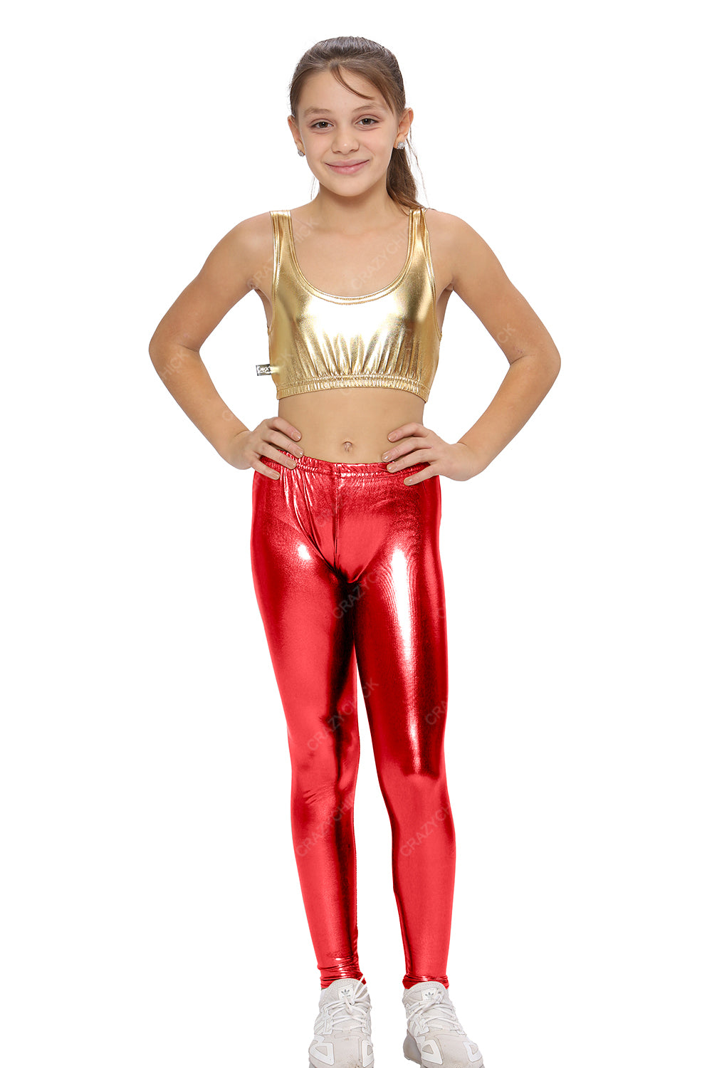 Girls Red Shiny Metallic Leggings