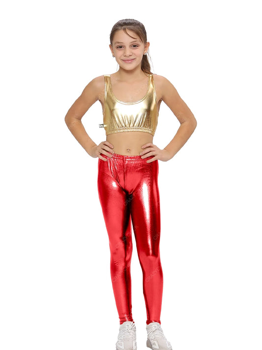 Girls Shiny Metallic Leggings red