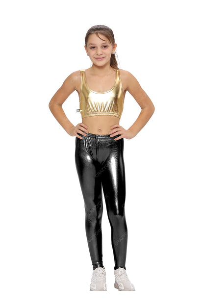 Girls Shiny Metallic Metallic Black Leggings