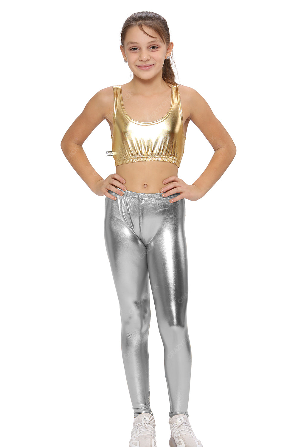 Girls Shiny Metallic Metallic Silver Leggings 