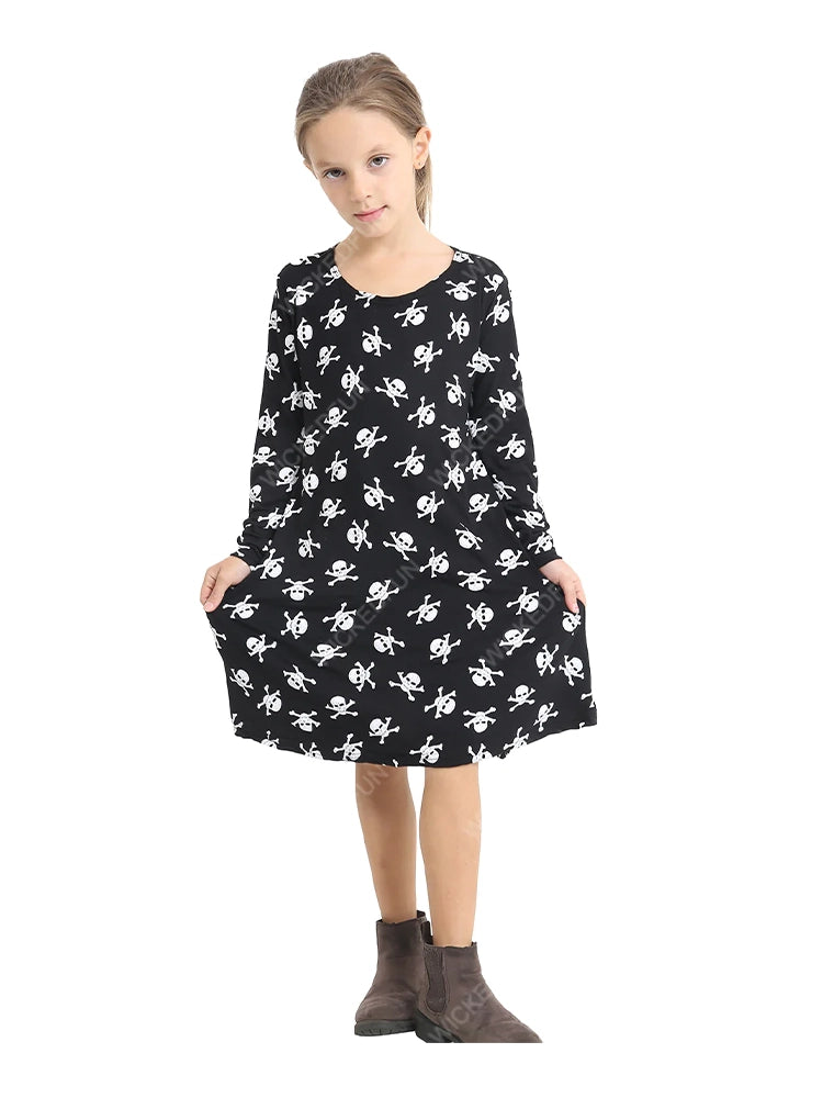 Girls Skull Printed Black Swing Dress