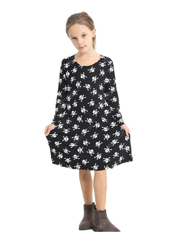 Girls Skull Printed Black Swing Dress - thefancydress.co.uk