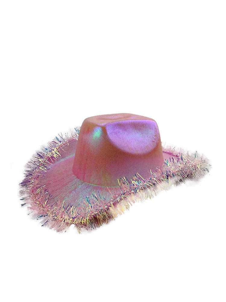 Holographic Glitter Cowboy Hats with Tinsel & Trim - thefancydress.co.uk