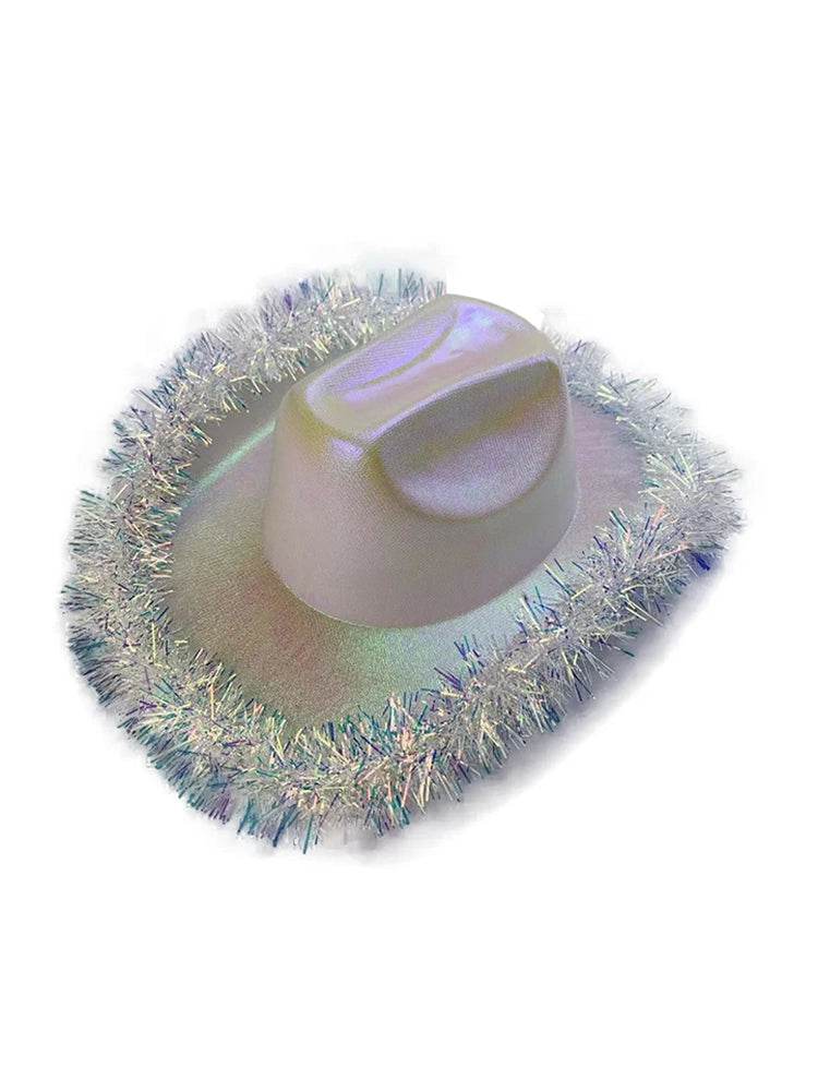 Holographic Glitter Cowboy Hats with Tinsel & Trim - thefancydress.co.uk