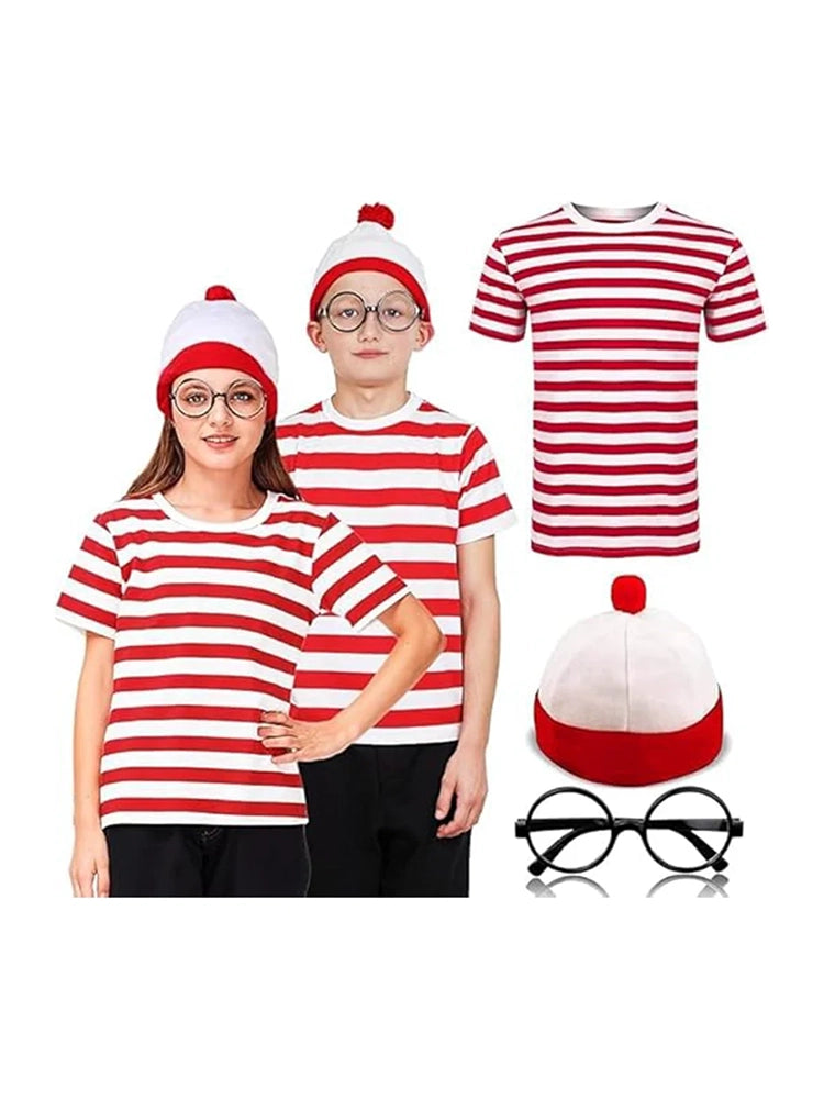 Kids' Red & White Striped T-Shirt, Knitted Hat & Glasses Set