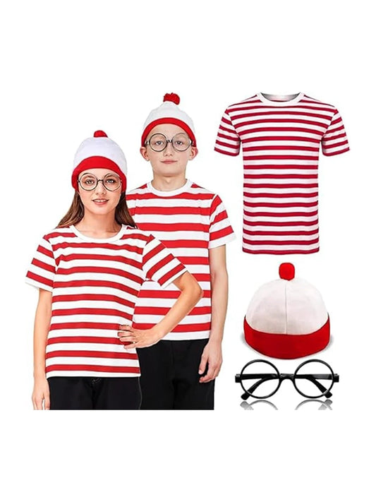 Kids' Red & White Striped T-Shirt, Knitted Hat & Glasses Set