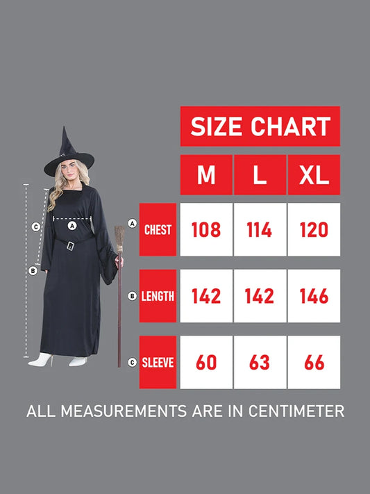 Ladies 2-Piece Black Witch Costume With Hat size chart
