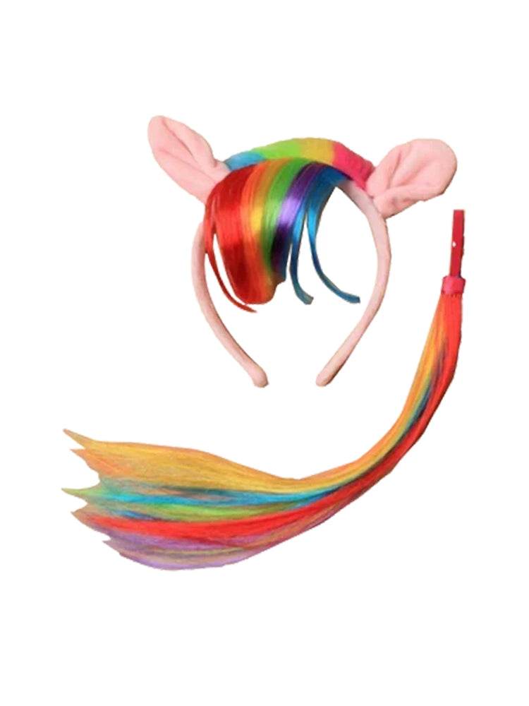 Ladies 2PCS Rainbow Pony Ears Alice band & Tail Pride Set - thefancydress.co.uk