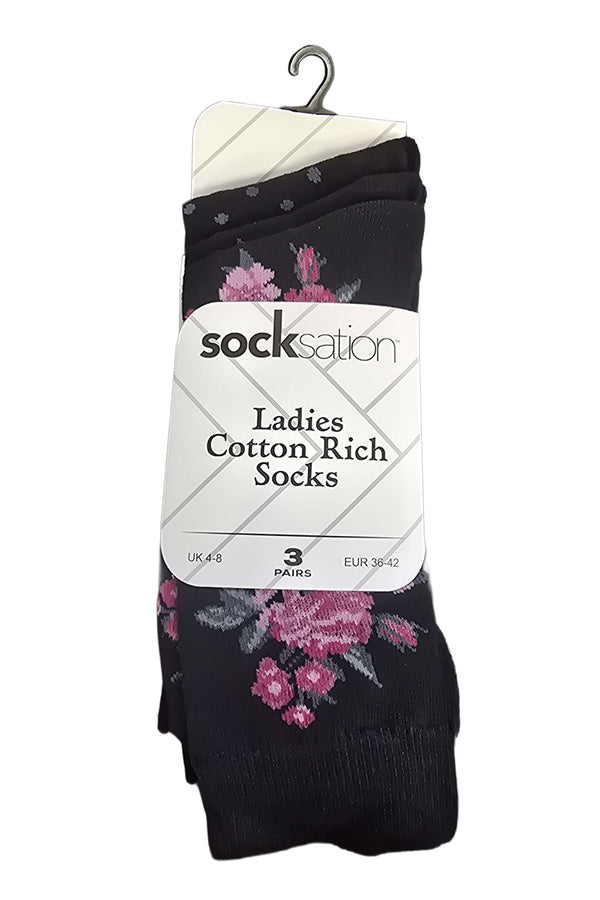 Ladies Charming Flower & Dotted Cotton Socks 3 Pack