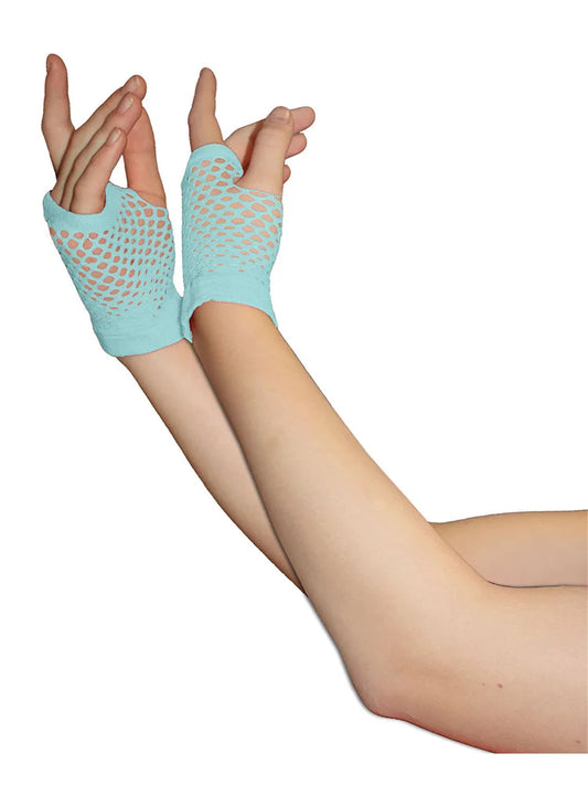 Ladies Fingerless Short Fishnet Gloves light blue
