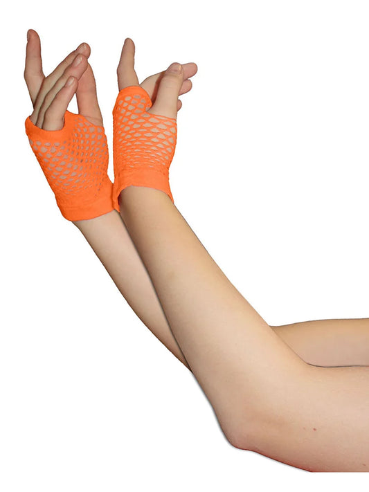 Ladies Fingerless Short Fishnet Gloves orange