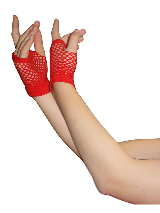 Ladies Fingerless Short Fishnet Gloves red