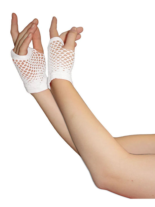 Ladies Fingerless Short Fishnet Gloves white