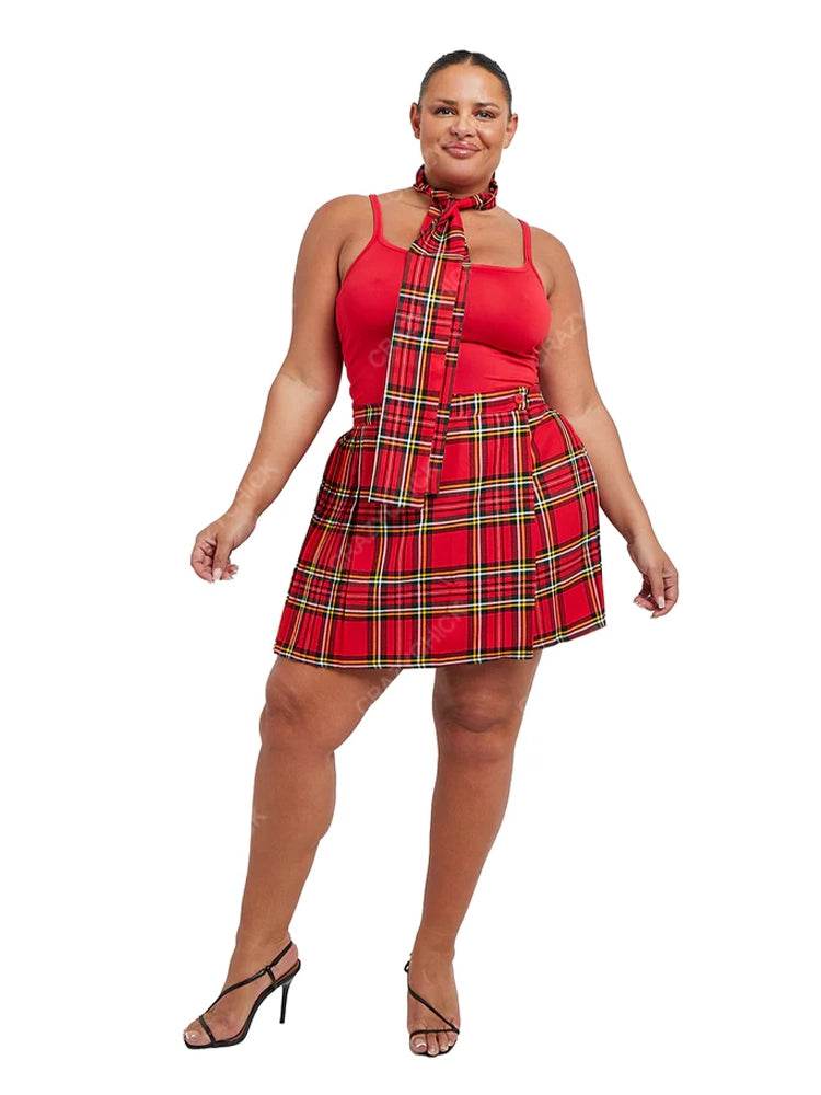 Plus Size Tartan Pleated Wrap Over Buttoned Kilt Skirt - thefancydress.co.uk