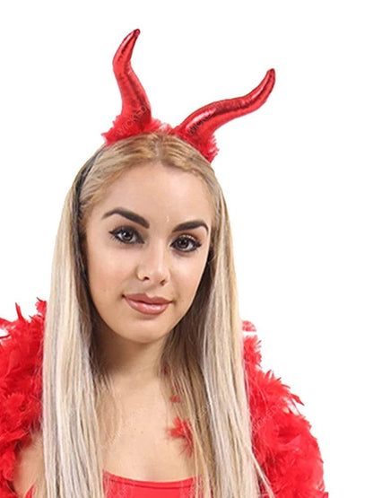 Ladies Red Horns Headband With Red Fur - thefancydress.co.uk