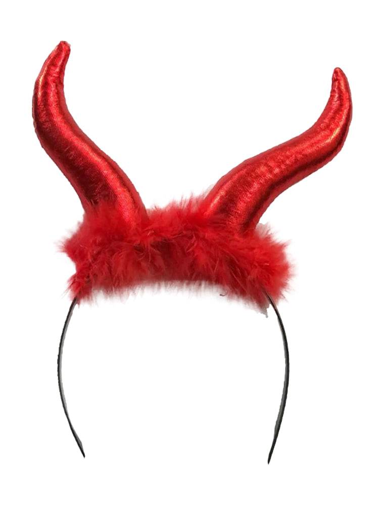 Ladies Red Horns Headband With Red Fur - thefancydress.co.uk