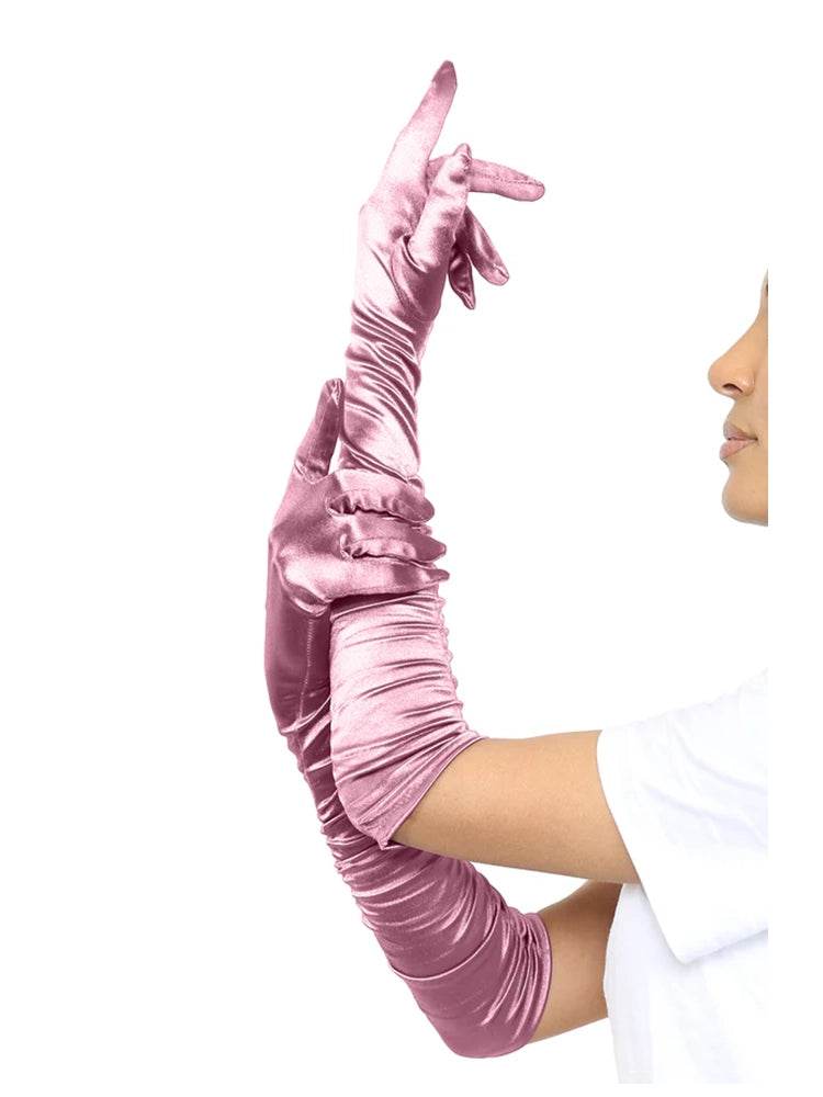 Ladies Satin Ruched Top Long Gloves - thefancydress.co.uk