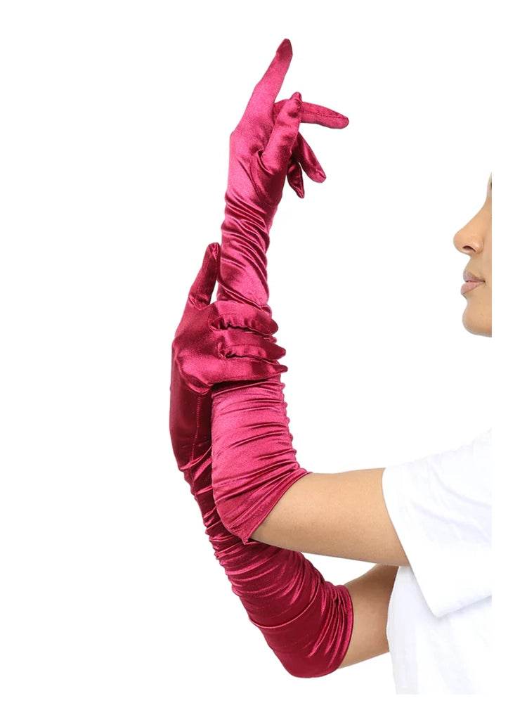Ladies Satin Ruched Top Long Gloves - thefancydress.co.uk