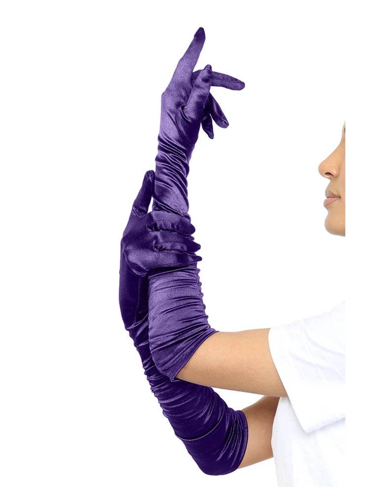 Ladies Satin Ruched Top Long Gloves - thefancydress.co.uk
