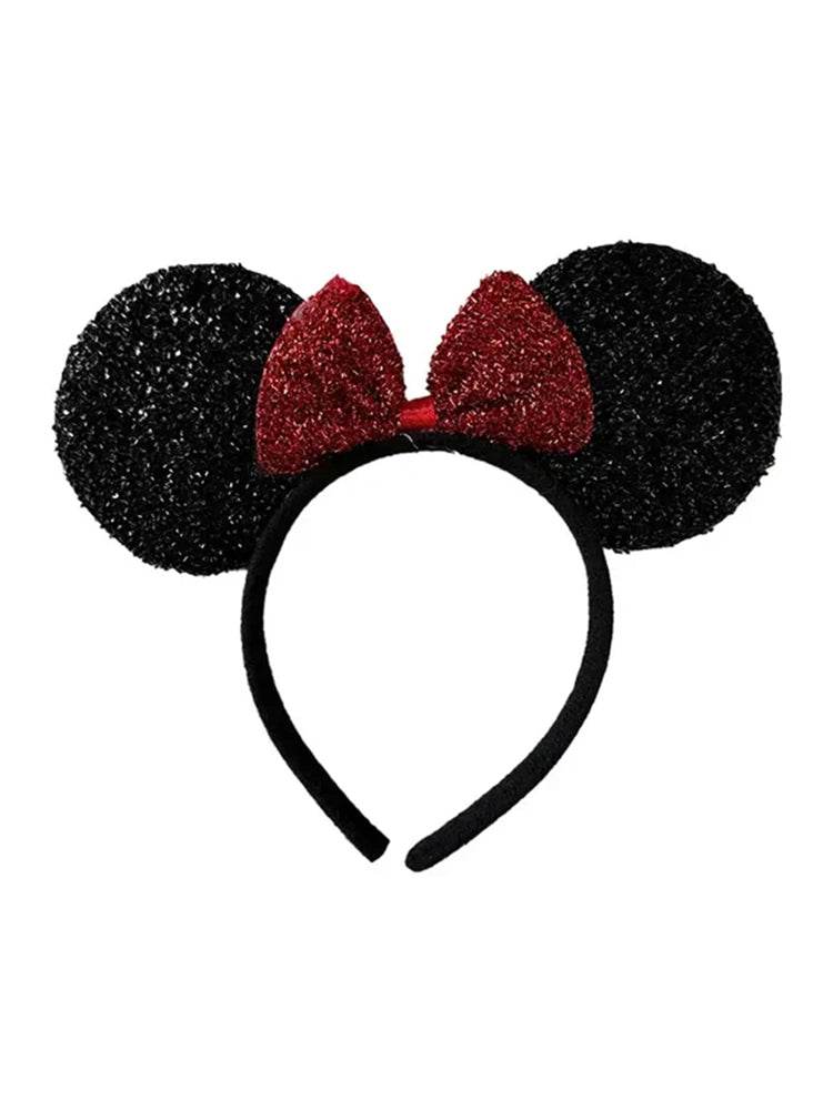 Ladies Shiny Headband Micky Mouse Ears With Red Bow - thefancydress.co.uk