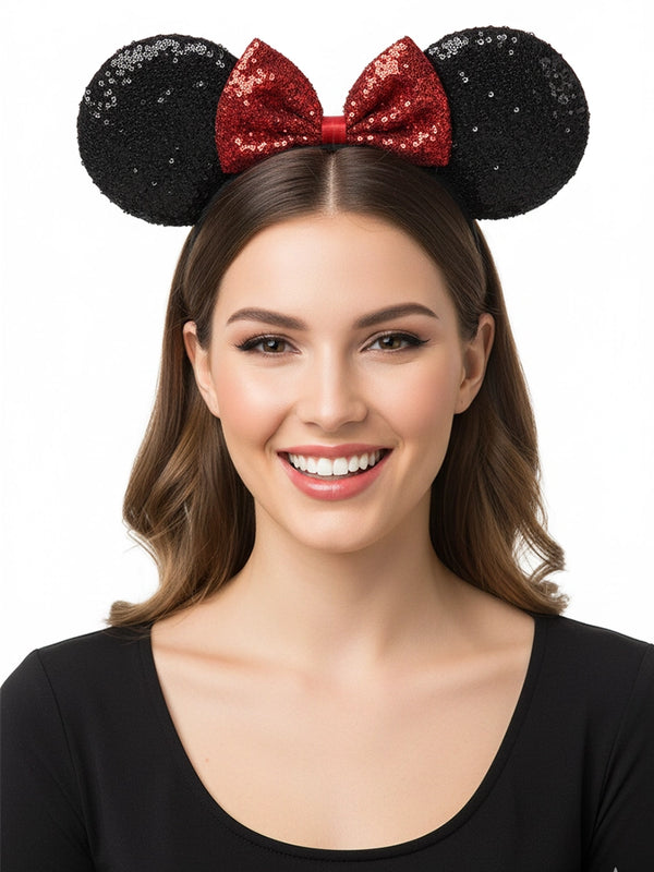 Ladies Shiny Headband Micky Mouse Ears With Red Bow