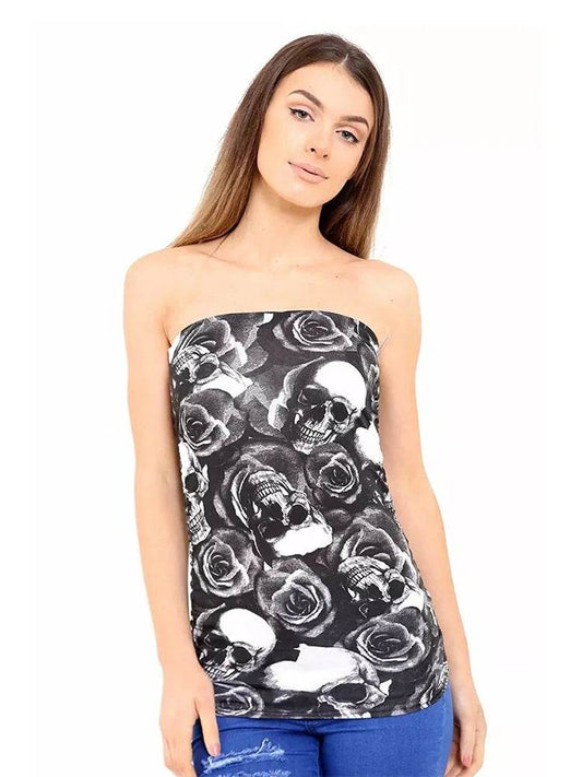 Ladies Skull Printed Boob Tube Bandeu Top - thefancydress.co.uk