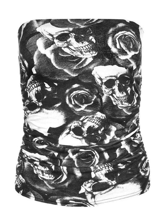 Ladies Skull Printed Boob Tube Bandeu Top - thefancydress.co.uk