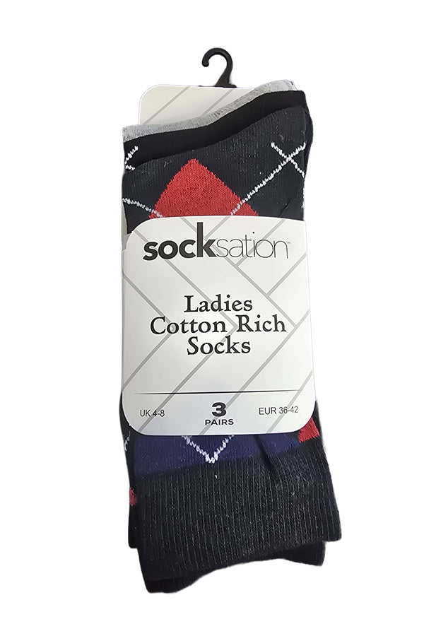 Ladies Classic Argyle Patterned Socks 3 Pack