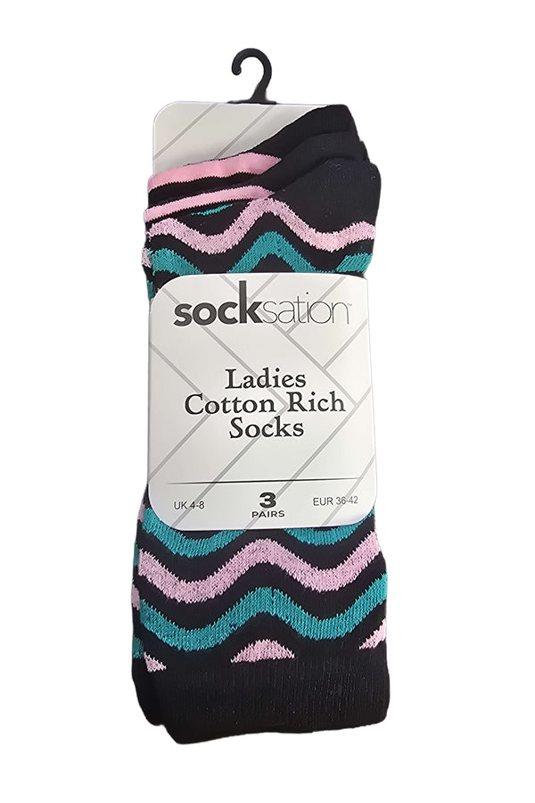 Ladies Ziggy Stripe Fashion Cotton Socks 3 Pack