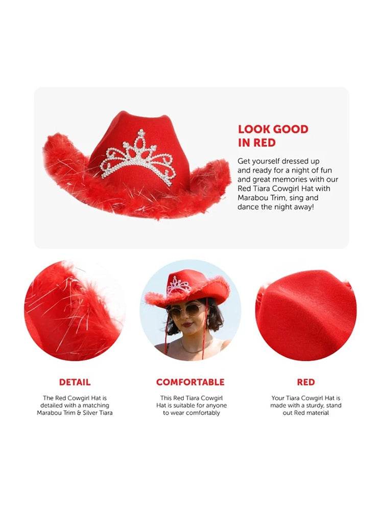 Ladies Tiara Cowgirl Hat with with Fluff Trim Marabou Trim - thefancydress.co.uk