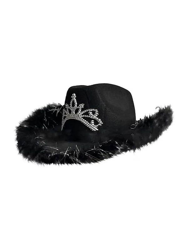 Ladies Tiara Cowgirl Hat with with Fluff Trim Marabou Trim - thefancydress.co.uk