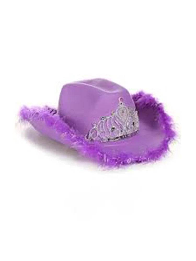 Ladies Tiara Cowgirl Hat with with Fluff Trim Marabou Trim - thefancydress.co.uk