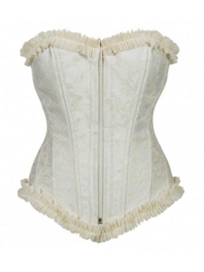Ladies White Brocade Corset Top with Zip and Frill - thefancydress.co.uk