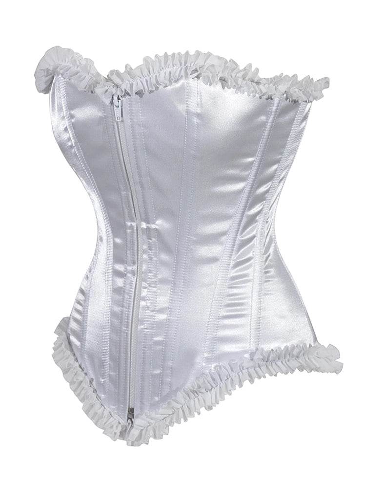Ladies White Satin Corset Top With Zip And Frill - thefancydress.co.uk