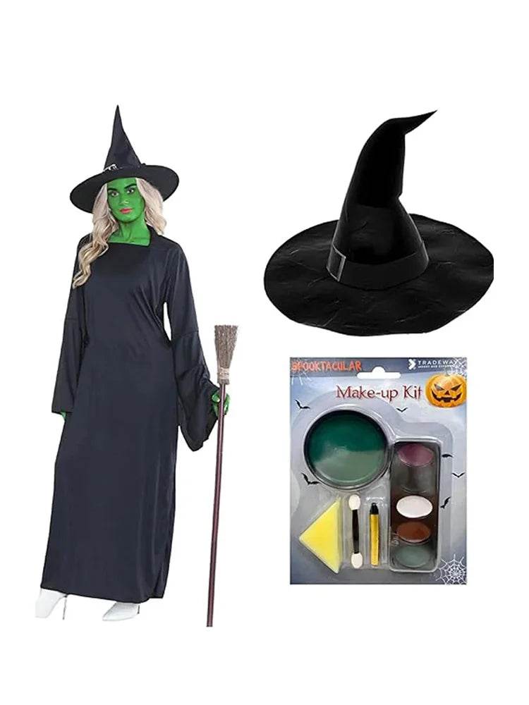 Ladies Wicked Witch Of The West Costume Set - Dress, Hat & Green Facepaint - thefancydress.co.uk