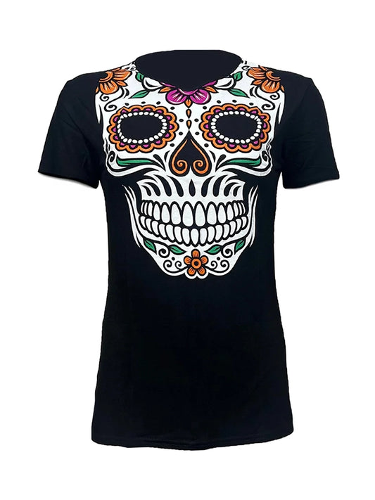Ladies Horror Mexican Skull Printed Black T-Shirt