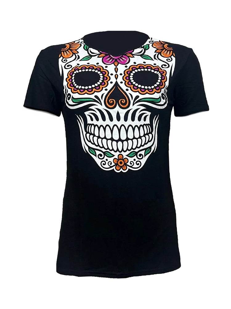 Ladies Horror Mexican Skull Printed Black T-Shirt - thefancydress.co.uk