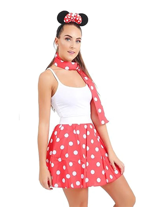 Ladies' 4PC Micky Mouse Theme Costume Set –Polka Dot Skirt, Scarf, Headband & Vest