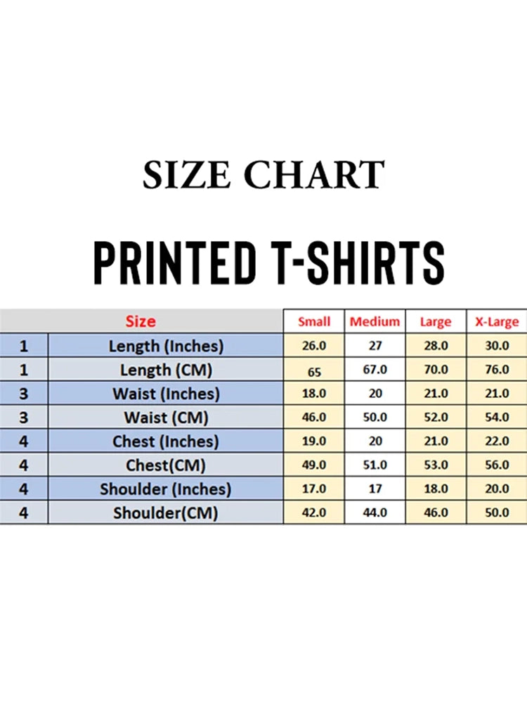 Men's Irish Printed T-Shirt size chart