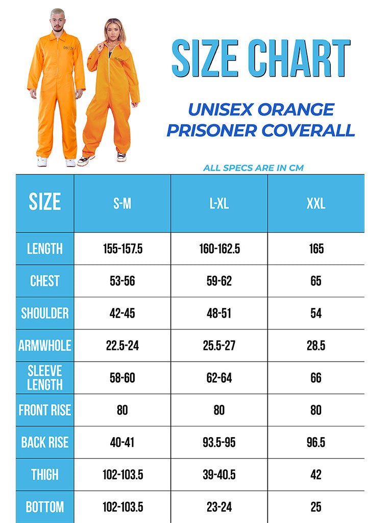 Mens Overall Orange Prison Jumpsuit Chart