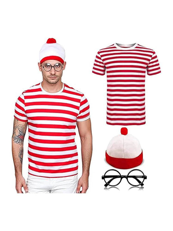 Mens Red & White Striped 4 Pieces Outfit Set - thefancydress.co.uk