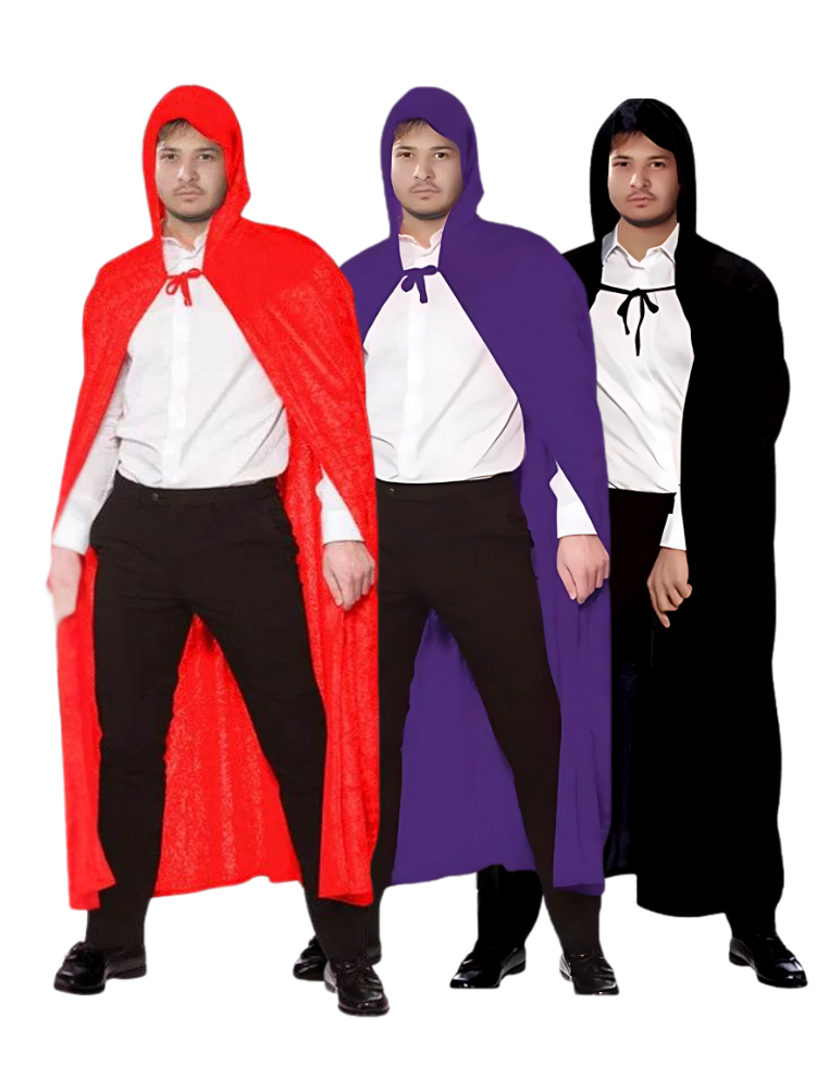 Three people wearing Red, Purple and Black colored Fancy capes on a white background.